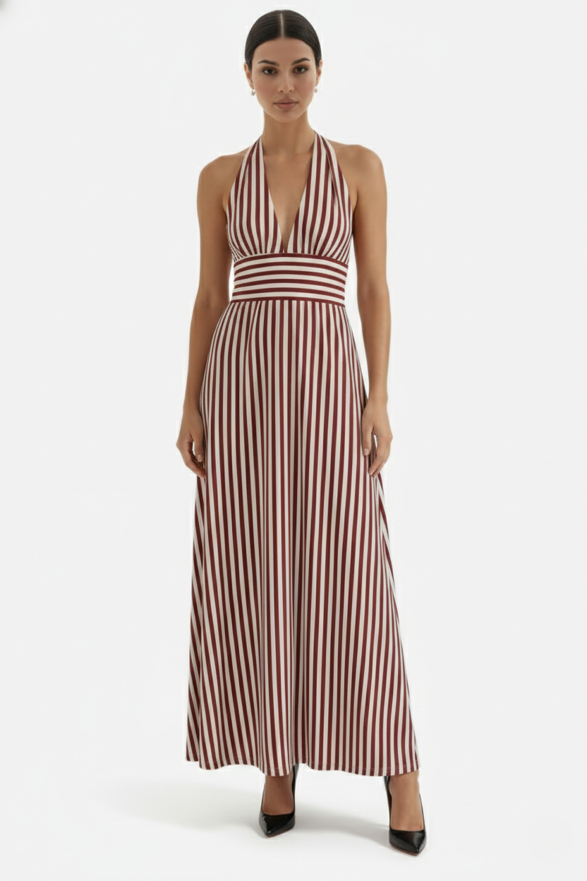 Womens Maxi Dress Halter Neck Striped Open Back