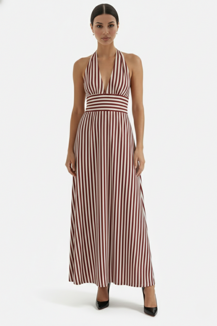 Womens Maxi Dress Halter Neck Striped Open Back