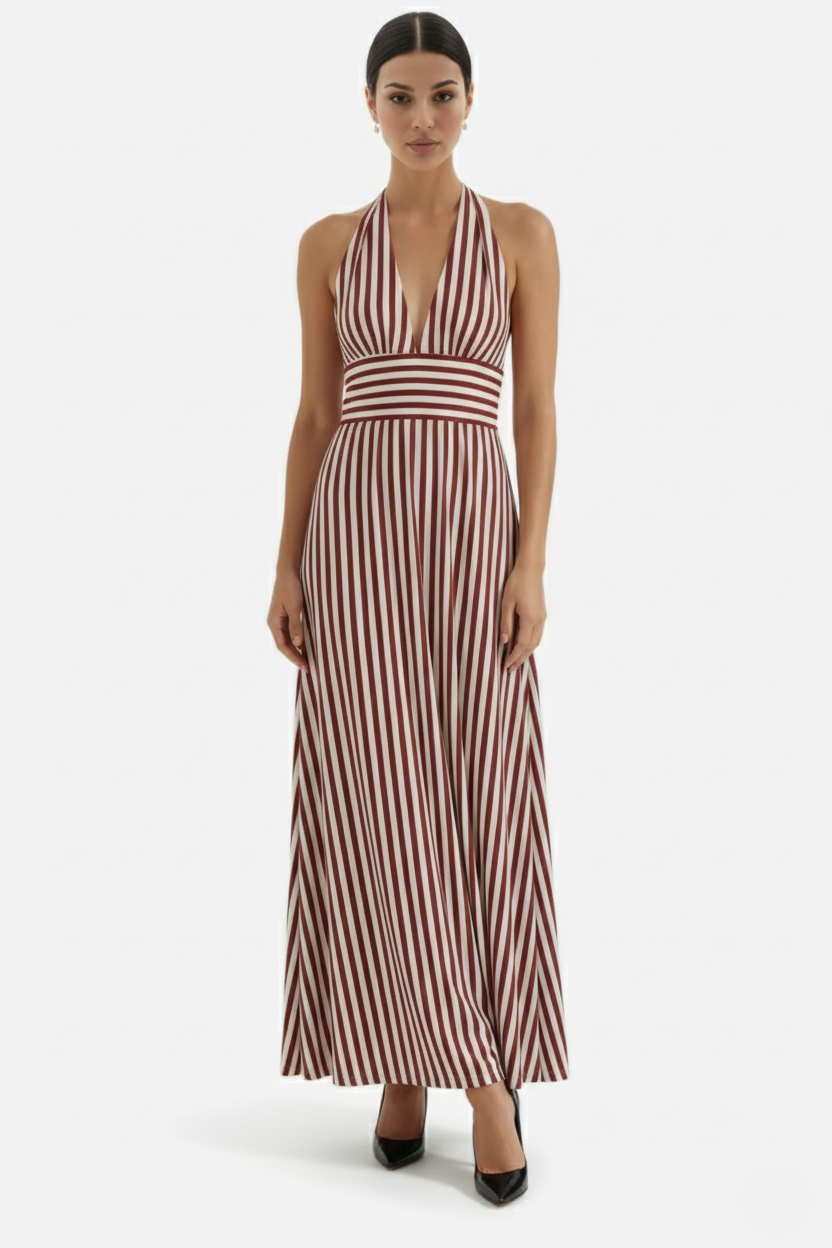 Womens Maxi Dress Halter Neck Striped Open Back
