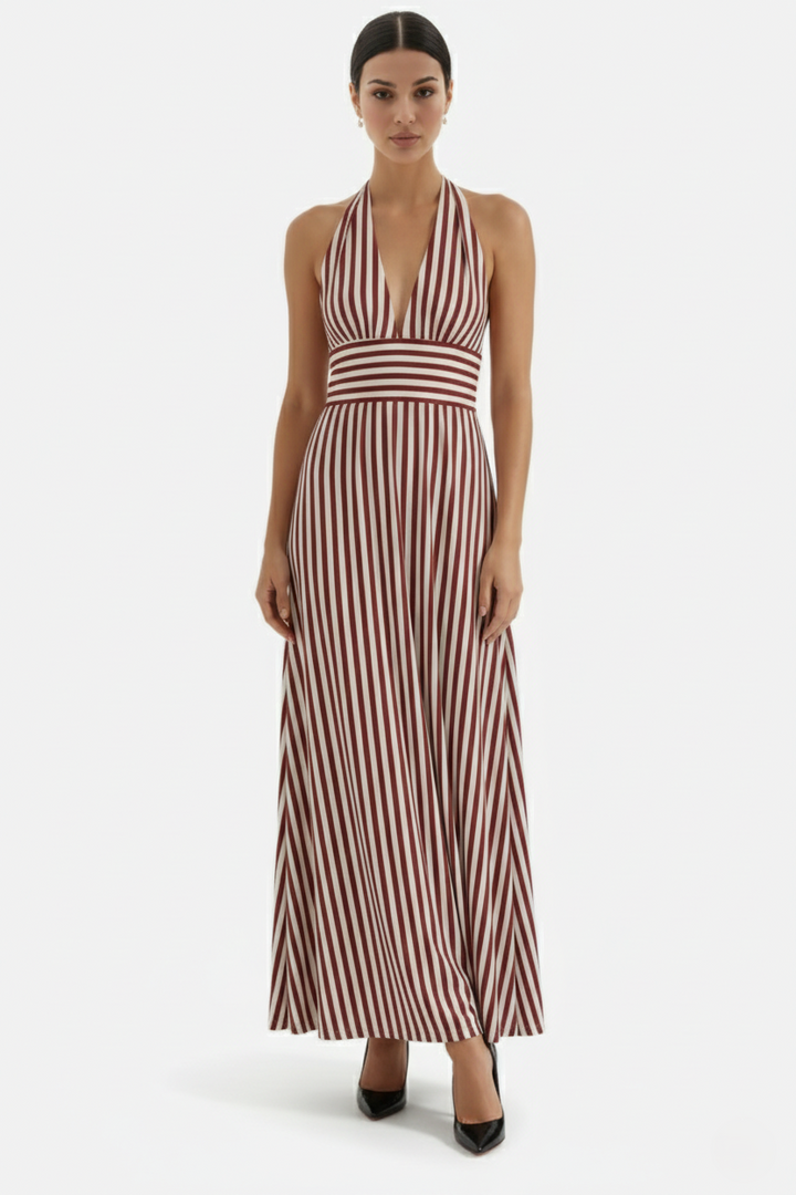 Womens Maxi Dress Halter Neck Striped Open Back