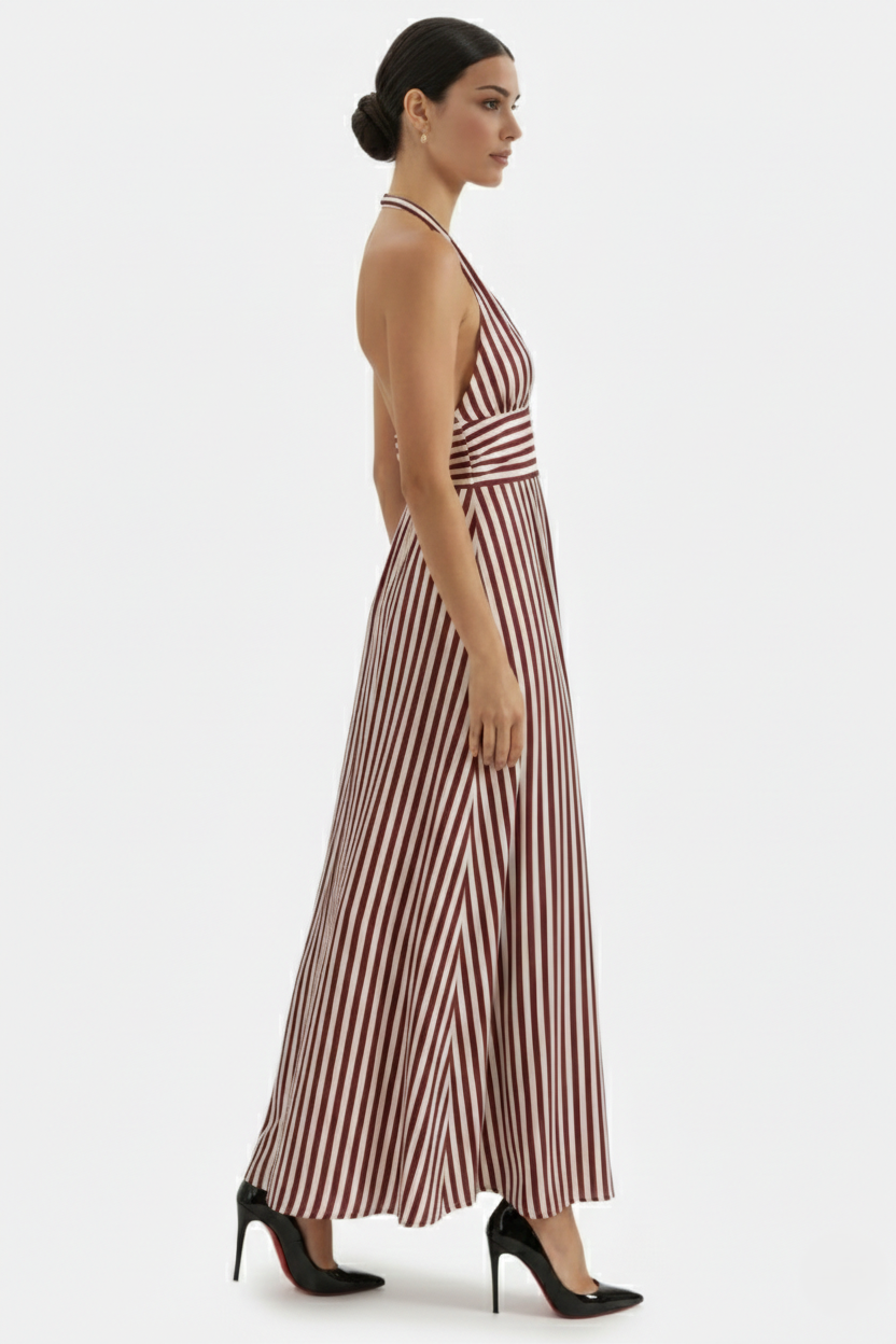 Womens Maxi Dress Halter Neck Striped Open Back