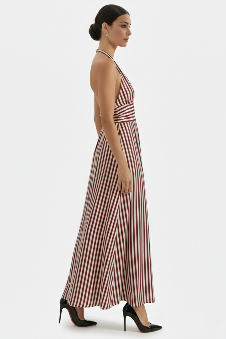 Womens Maxi Dress Halter Neck Striped Open Back