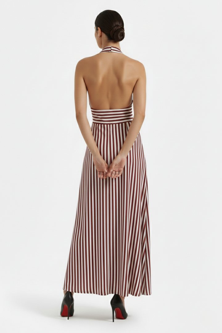 Womens Maxi Dress Halter Neck Striped Open Back