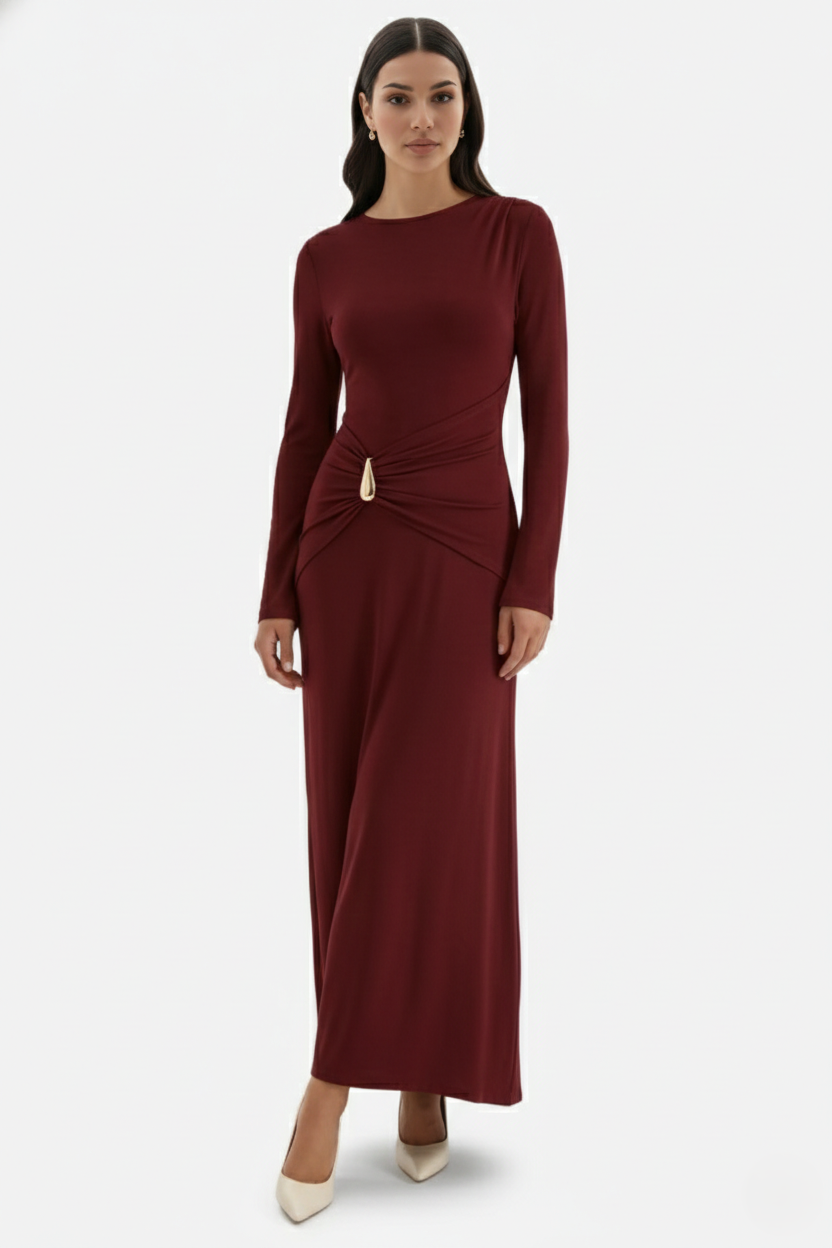 Womens Evening Dress Ruched Waist Long Sleeve Hardware Detail - Clovrio