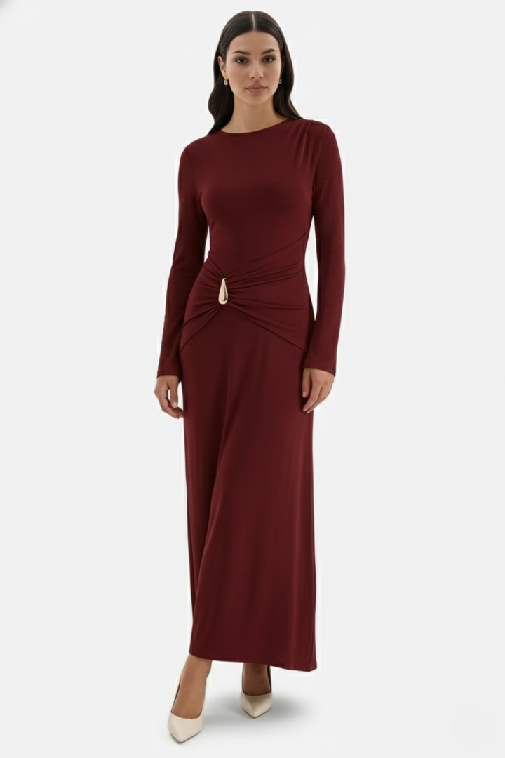 Womens Evening Dress Ruched Waist Long Sleeve Hardware Detail - Clovrio