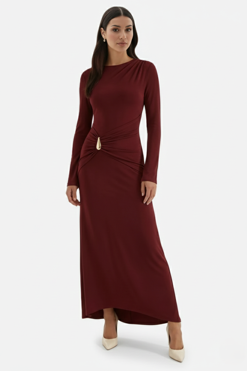 Womens Evening Dress Ruched Waist Long Sleeve Hardware Detail
