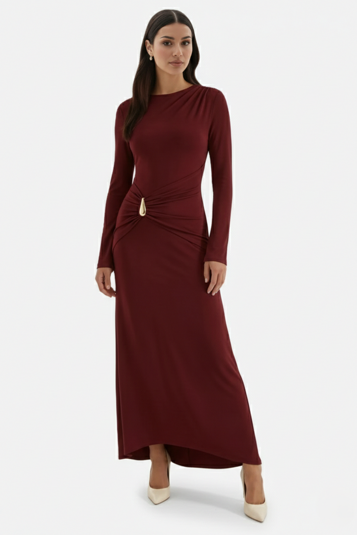 Womens Evening Dress Ruched Waist Long Sleeve Hardware Detail