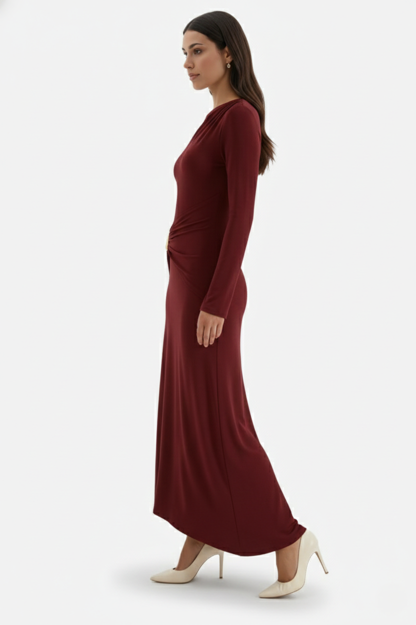Womens Evening Dress Ruched Waist Long Sleeve Hardware Detail