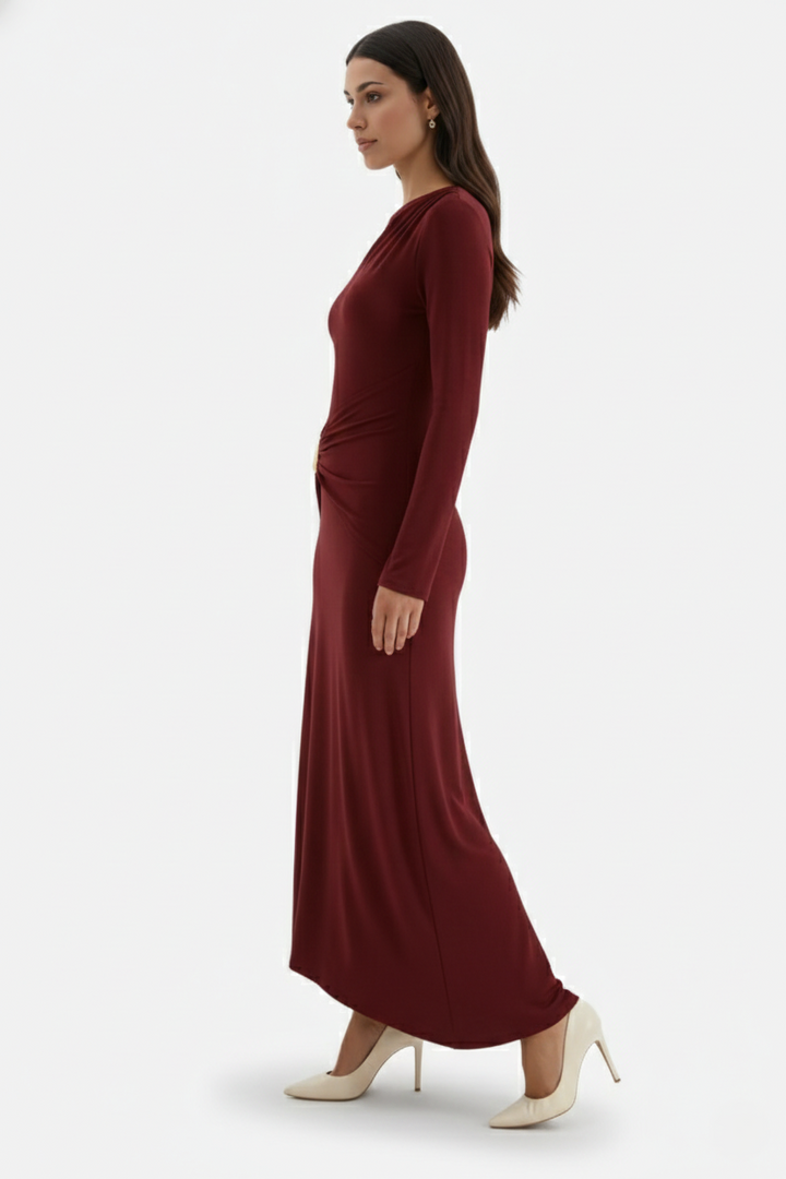 Womens Evening Dress Ruched Waist Long Sleeve Hardware Detail