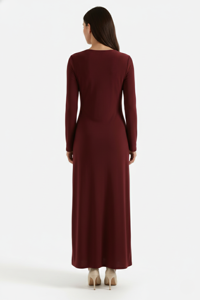 Womens Evening Dress Ruched Waist Long Sleeve Hardware Detail