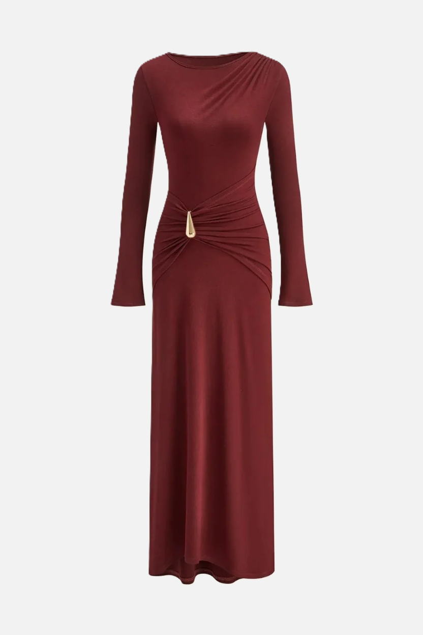 Womens Evening Dress Ruched Waist Long Sleeve Hardware Detail