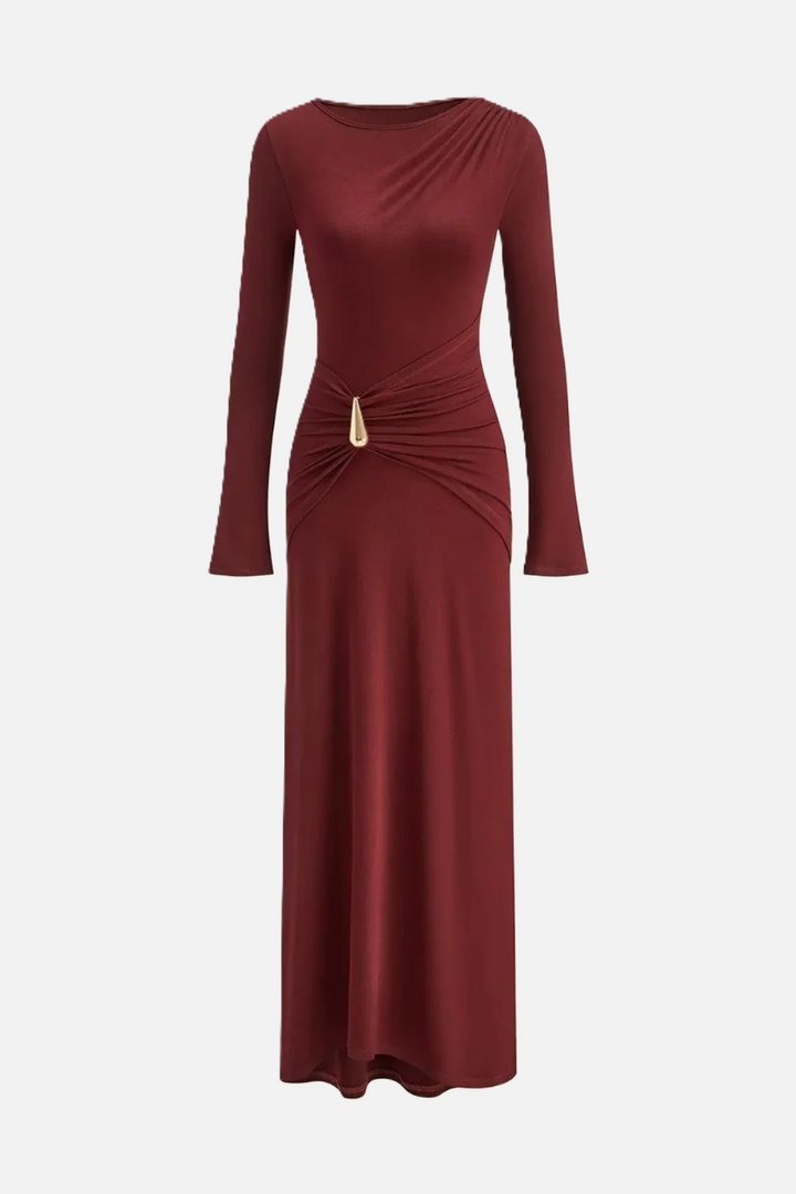 Womens Evening Dress Ruched Waist Long Sleeve Hardware Detail