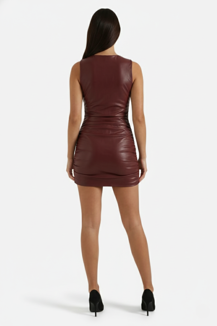 Womens Faux Leather Mini Dress Sleeveless Ruched