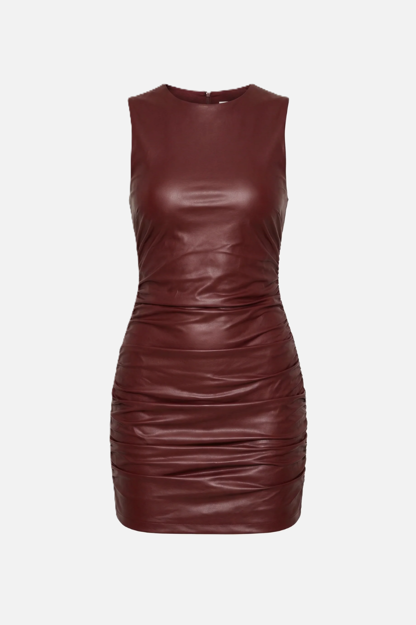 Womens Faux Leather Mini Dress Sleeveless Ruched