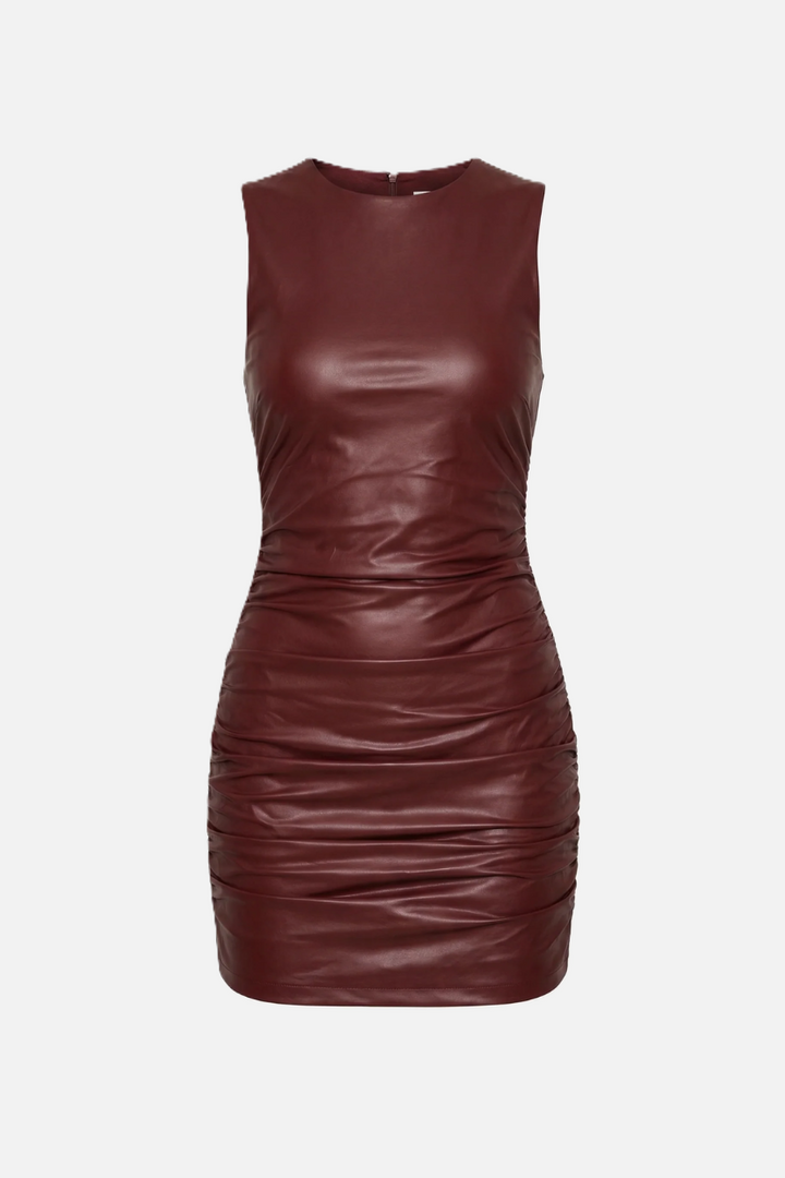 Womens Faux Leather Mini Dress Sleeveless Ruched