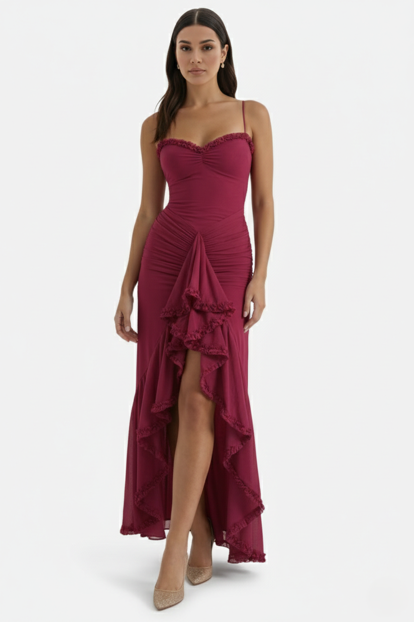 Womens Evening Gown Mesh Ruched Ruffle Asymmetrical Hem