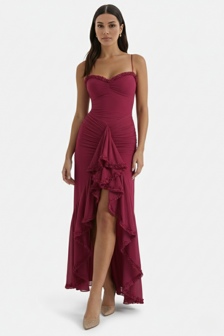 Womens Evening Gown Mesh Ruched Ruffle Asymmetrical Hem