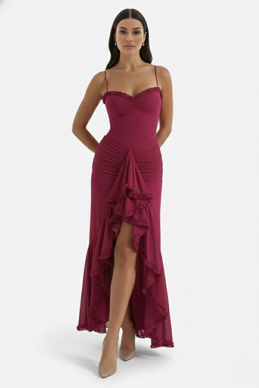 Womens Evening Gown Mesh Ruched Ruffle Asymmetrical Hem