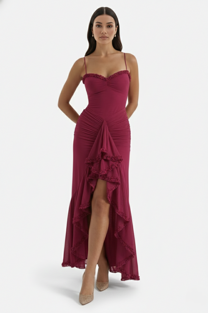 Womens Evening Gown Mesh Ruched Ruffle Asymmetrical Hem