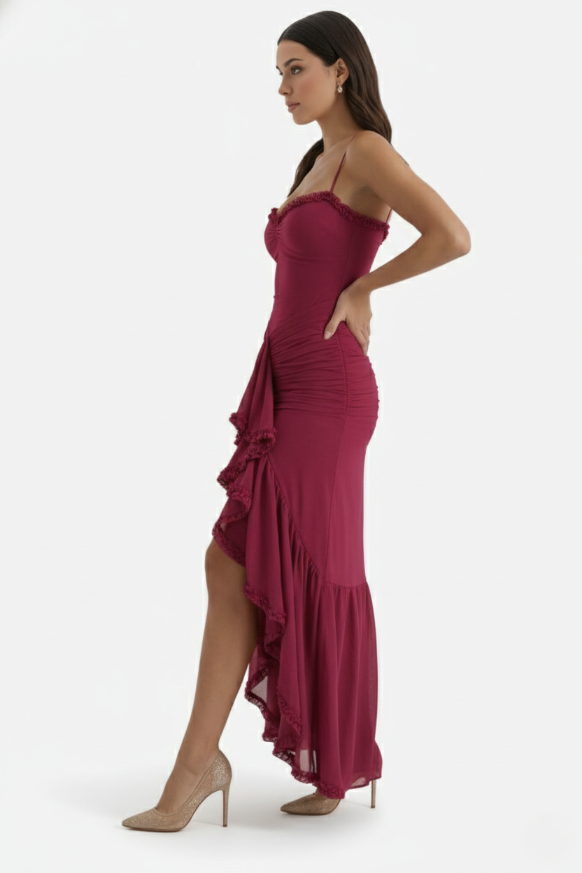 Womens Evening Gown Mesh Ruched Ruffle Asymmetrical Hem