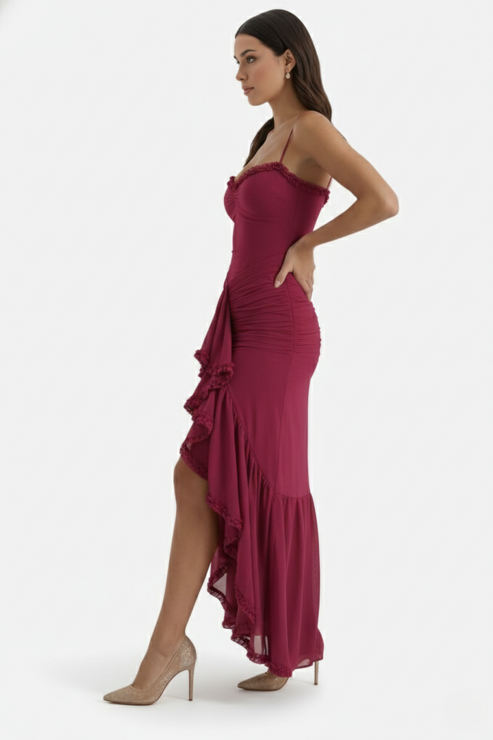 Womens Evening Gown Mesh Ruched Ruffle Asymmetrical Hem
