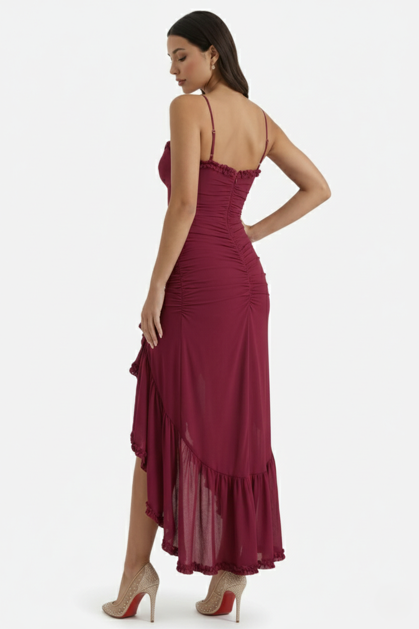 Womens Evening Gown Mesh Ruched Ruffle Asymmetrical Hem