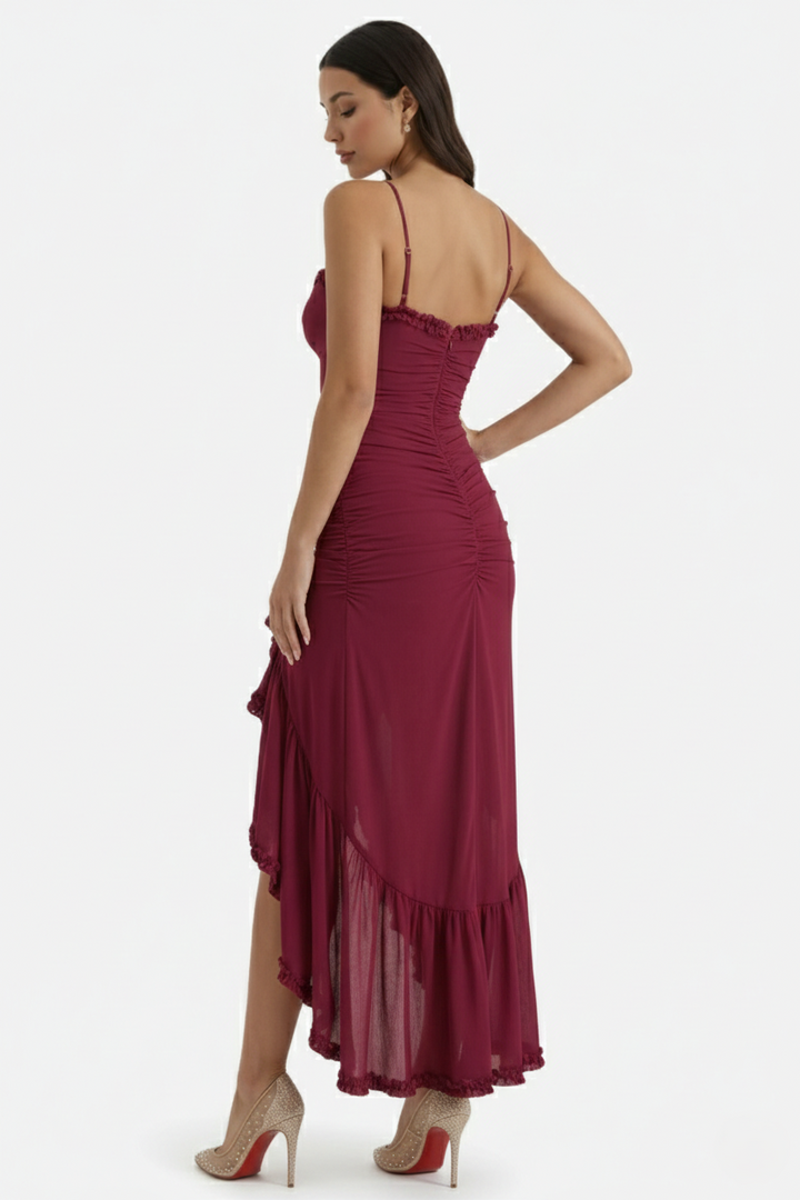 Womens Evening Gown Mesh Ruched Ruffle Asymmetrical Hem
