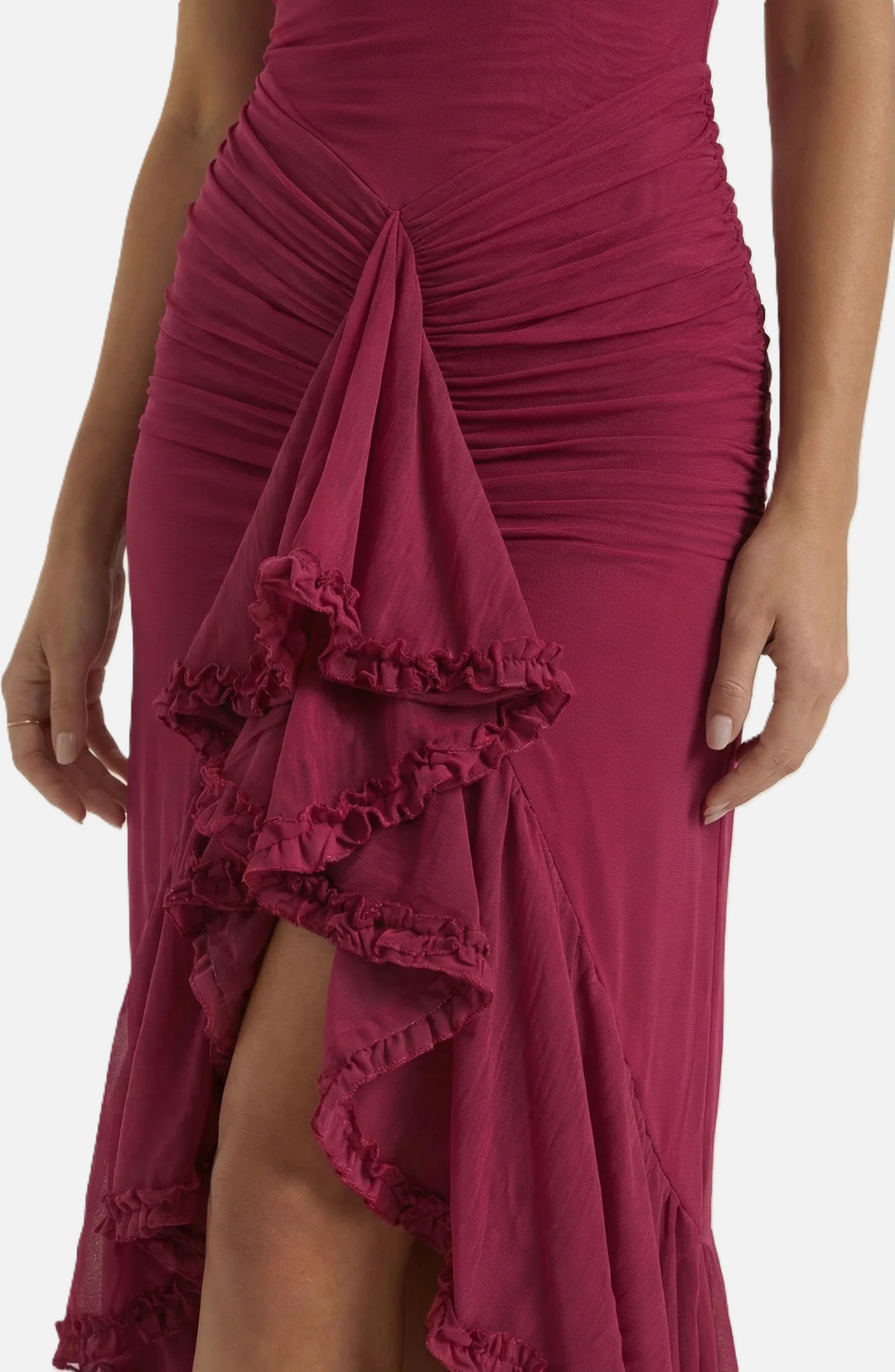 Womens Evening Gown Mesh Ruched Ruffle Asymmetrical Hem