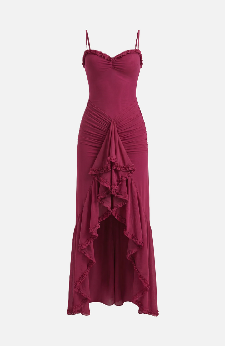Womens Evening Gown Mesh Ruched Ruffle Asymmetrical Hem