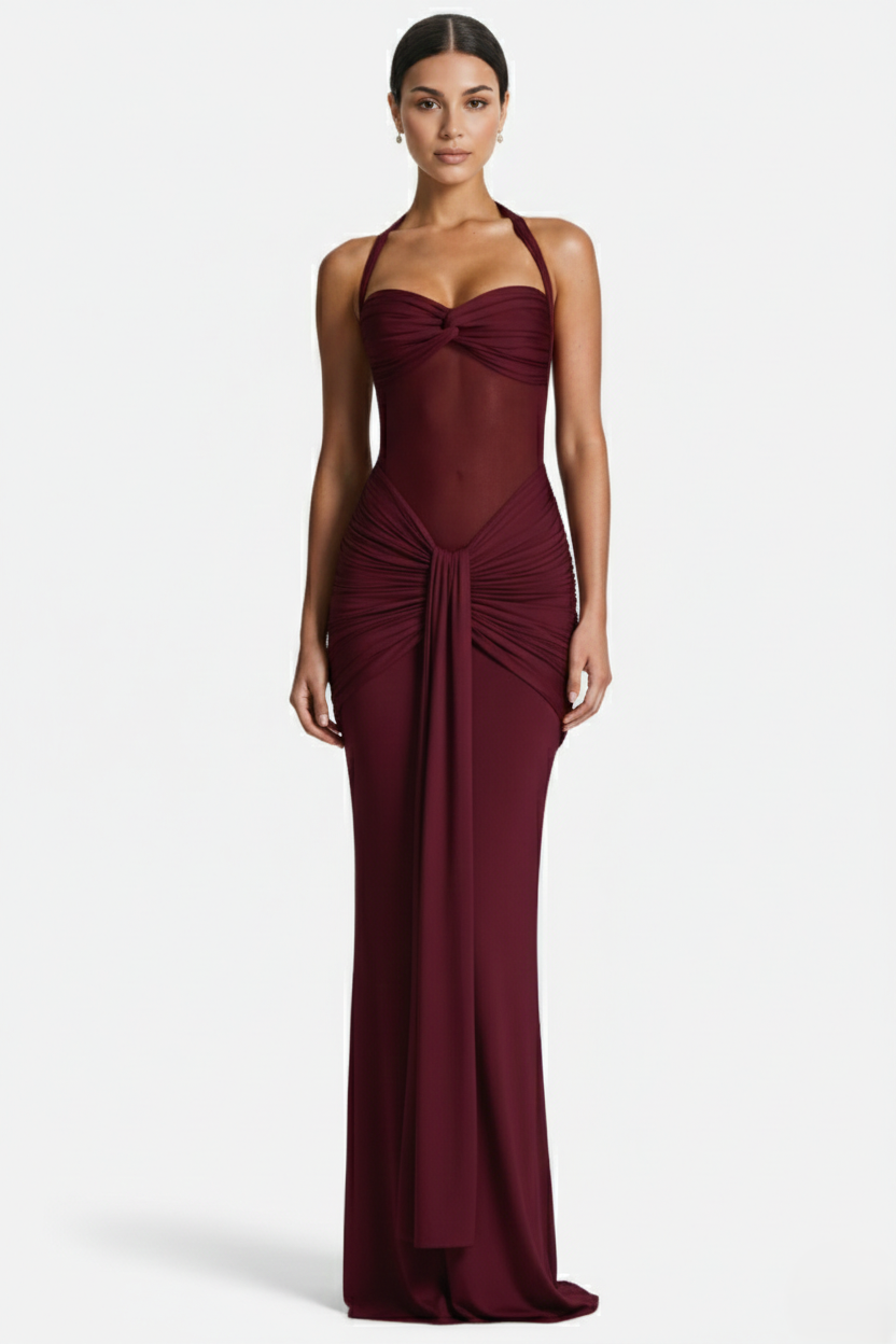 Womens Bodycon Evening Gown with Halter Neck and Ruched Detail