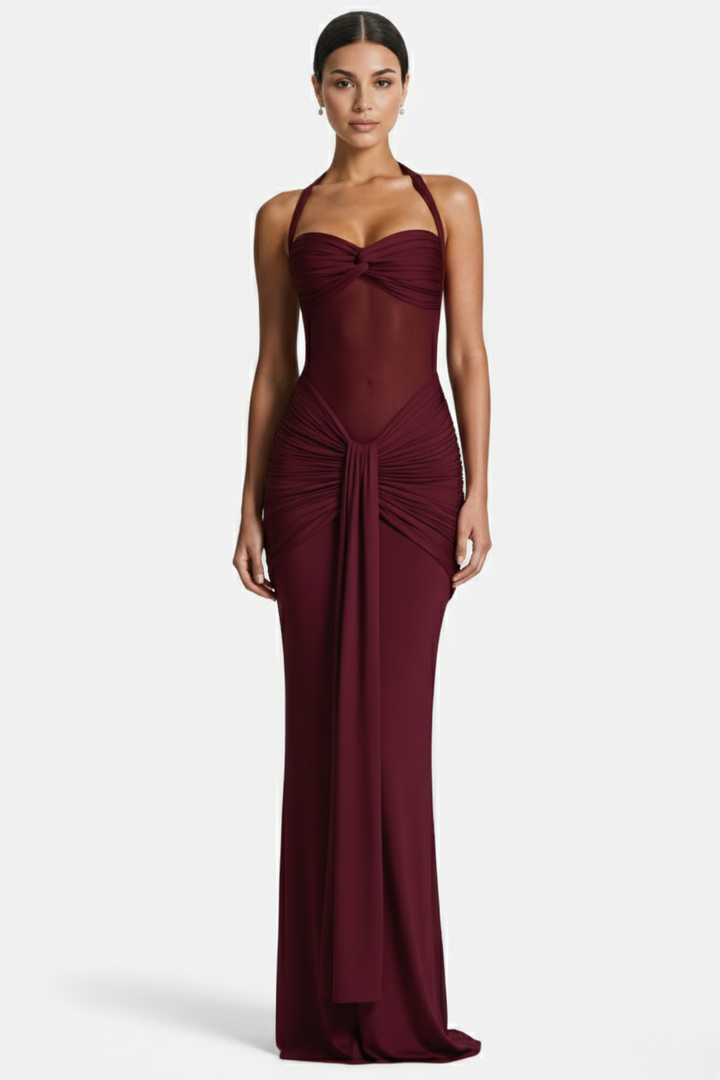 Womens Bodycon Evening Gown with Halter Neck and Ruched Detail