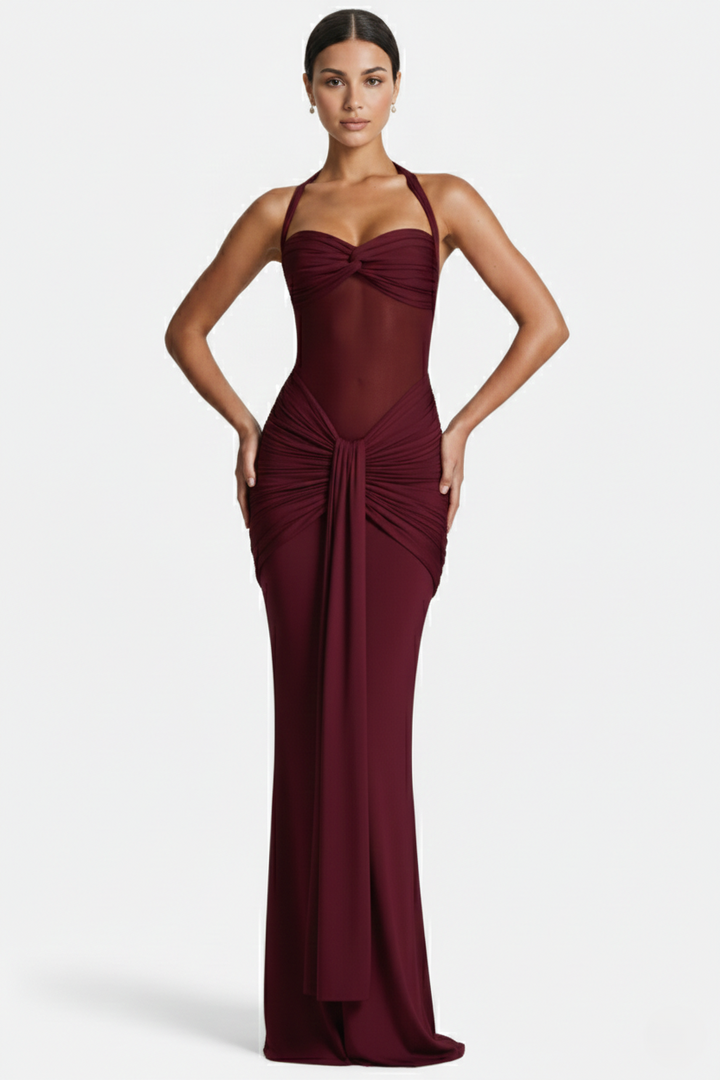 Womens Bodycon Evening Gown with Halter Neck and Ruched Detail