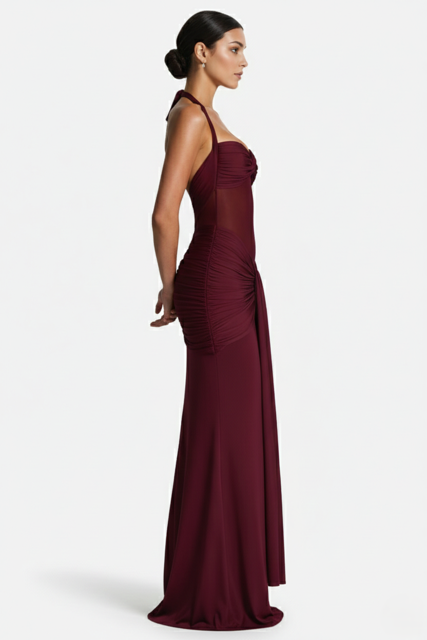 Womens Bodycon Evening Gown with Halter Neck and Ruched Detail