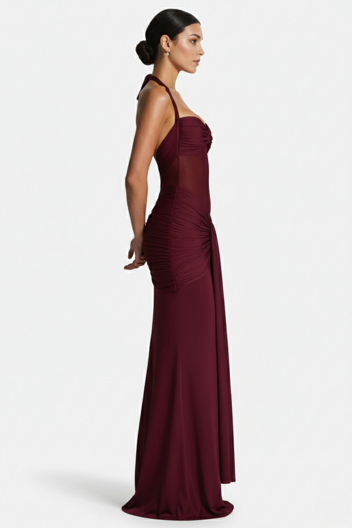 Womens Bodycon Evening Gown with Halter Neck and Ruched Detail