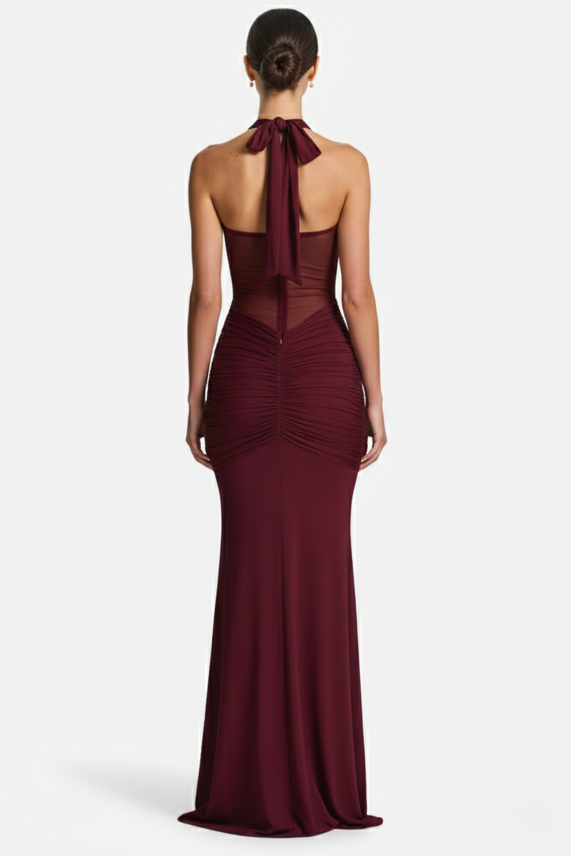 Womens Bodycon Evening Gown with Halter Neck and Ruched Detail