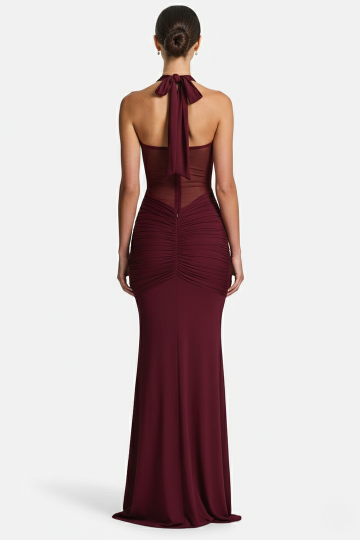 Womens Bodycon Evening Gown with Halter Neck and Ruched Detail