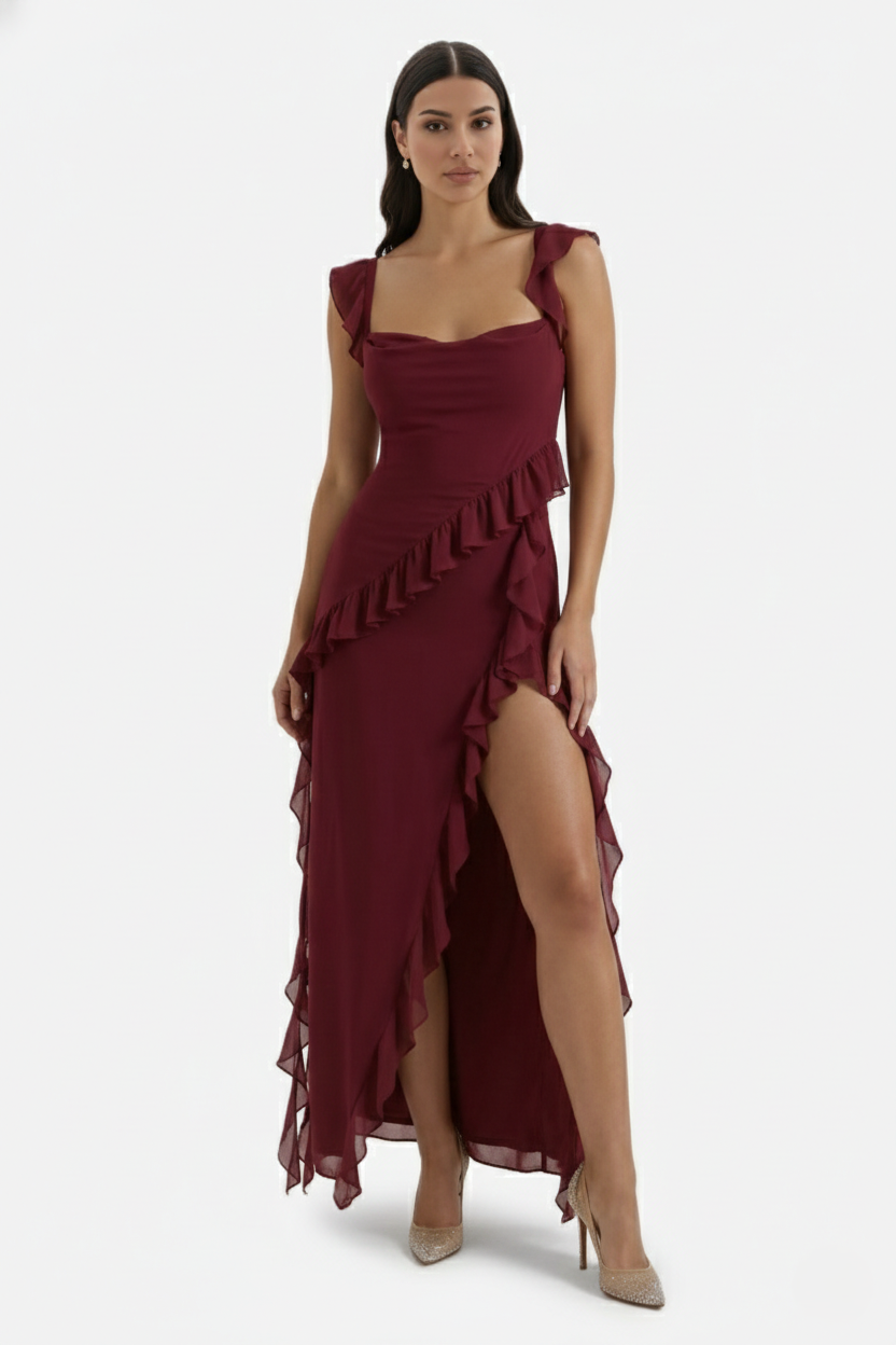 Womens Sleeveless Maxi Dress with Ruffle Trim and Front Slit