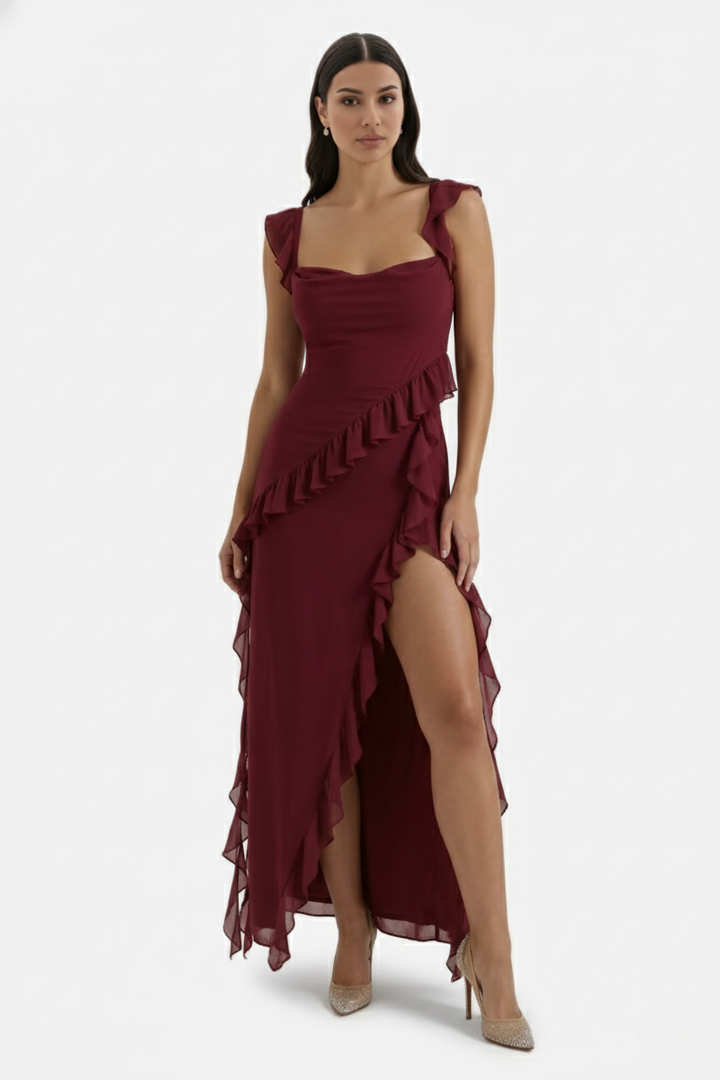 Womens Sleeveless Maxi Dress with Ruffle Trim and Front Slit