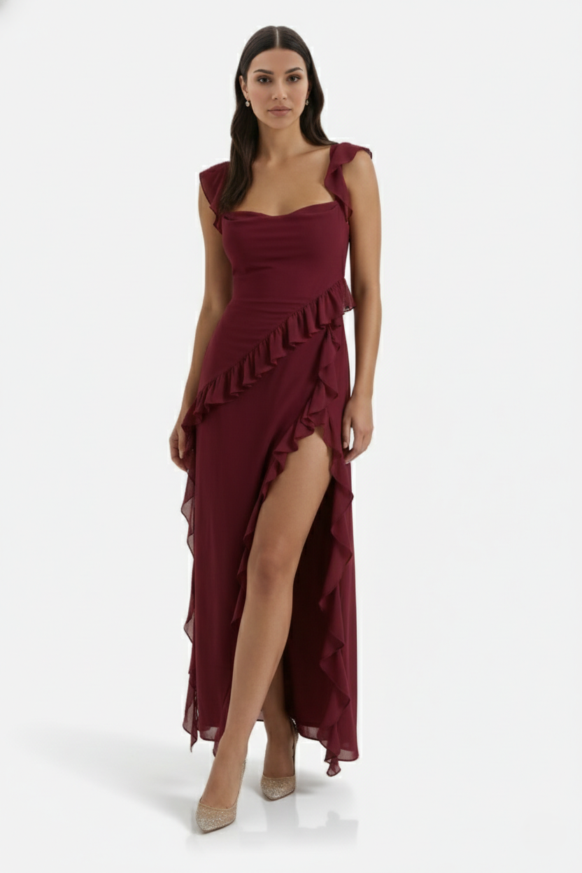 Womens Sleeveless Maxi Dress with Ruffle Trim and Front Slit