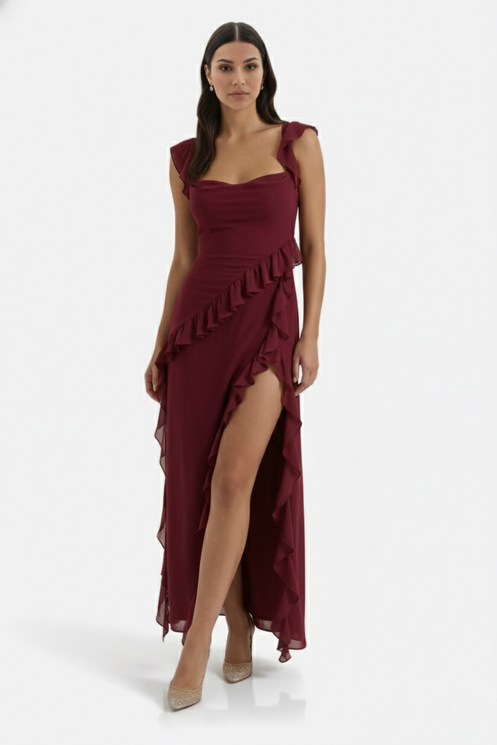 Womens Sleeveless Maxi Dress with Ruffle Trim and Front Slit