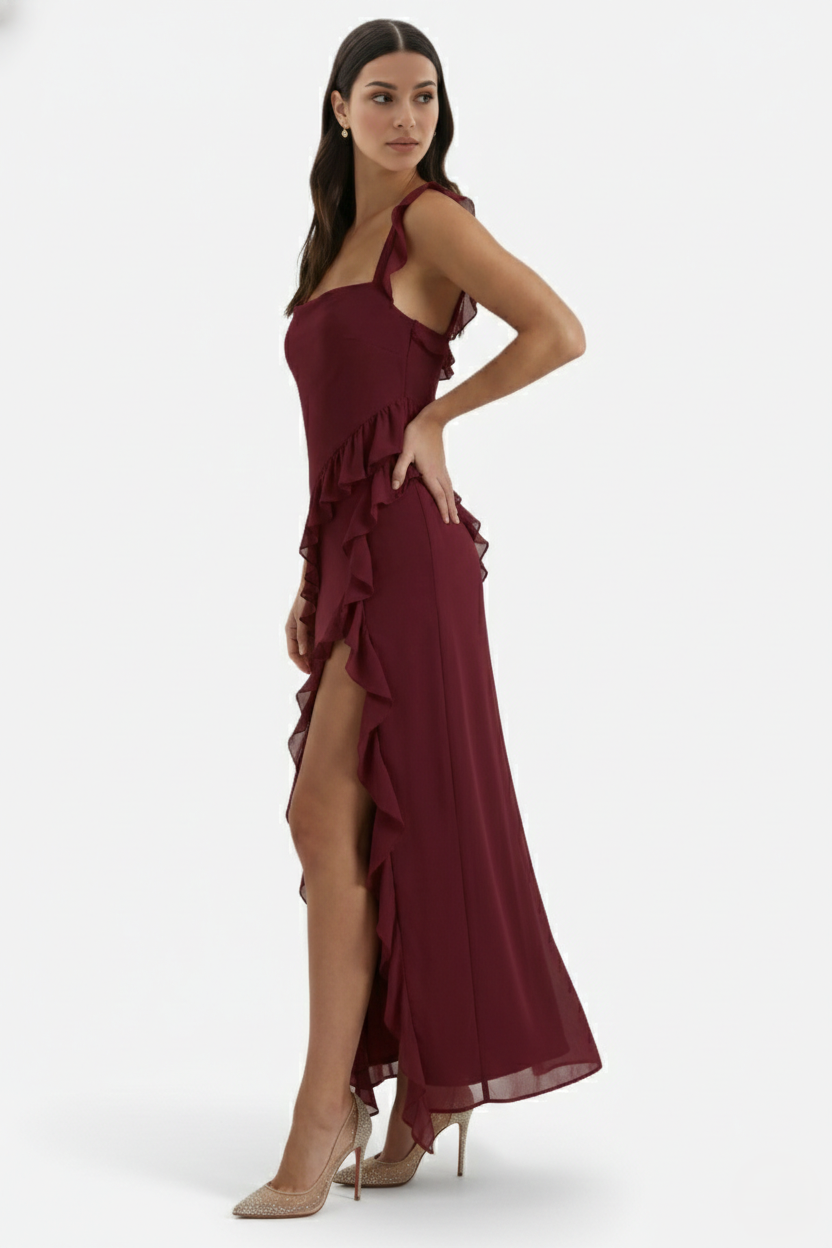 Womens Sleeveless Maxi Dress with Ruffle Trim and Front Slit