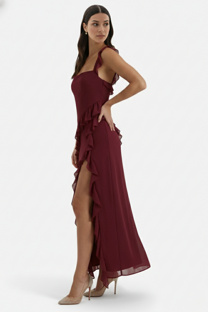 Womens Sleeveless Maxi Dress with Ruffle Trim and Front Slit