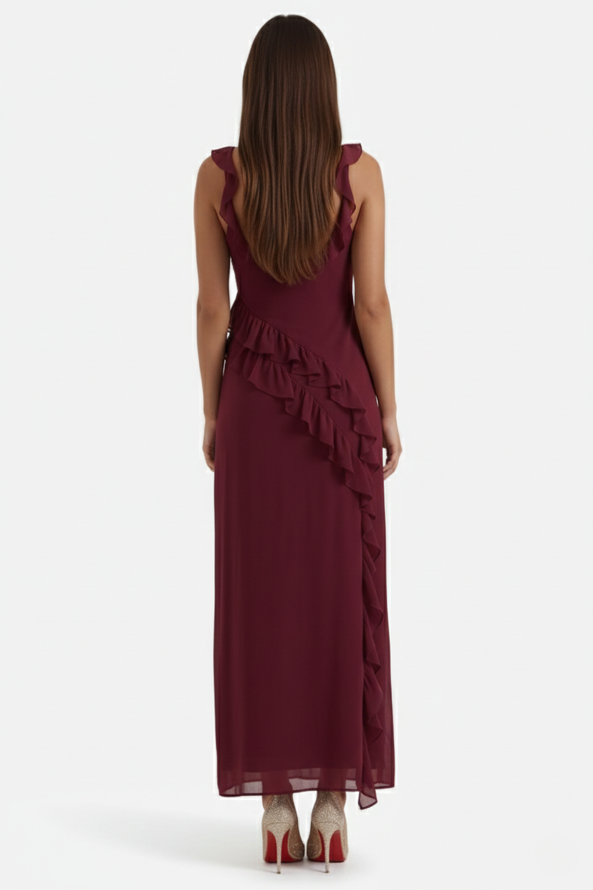 Womens Sleeveless Maxi Dress with Ruffle Trim and Front Slit