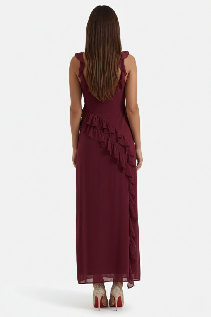 Womens Sleeveless Maxi Dress with Ruffle Trim and Front Slit