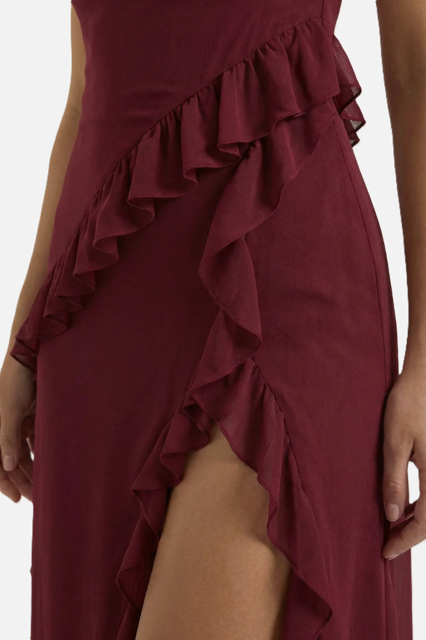 Womens Sleeveless Maxi Dress with Ruffle Trim and Front Slit