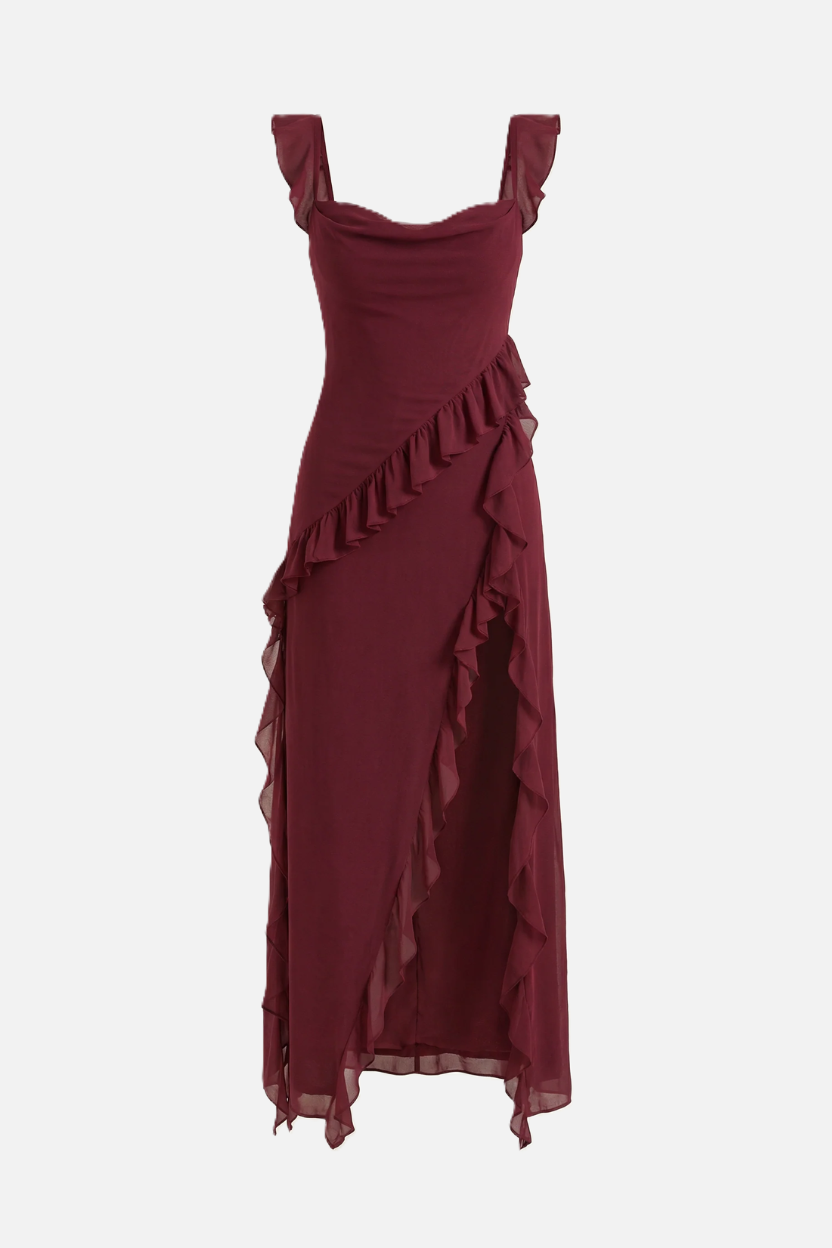Womens Sleeveless Maxi Dress with Ruffle Trim and Front Slit