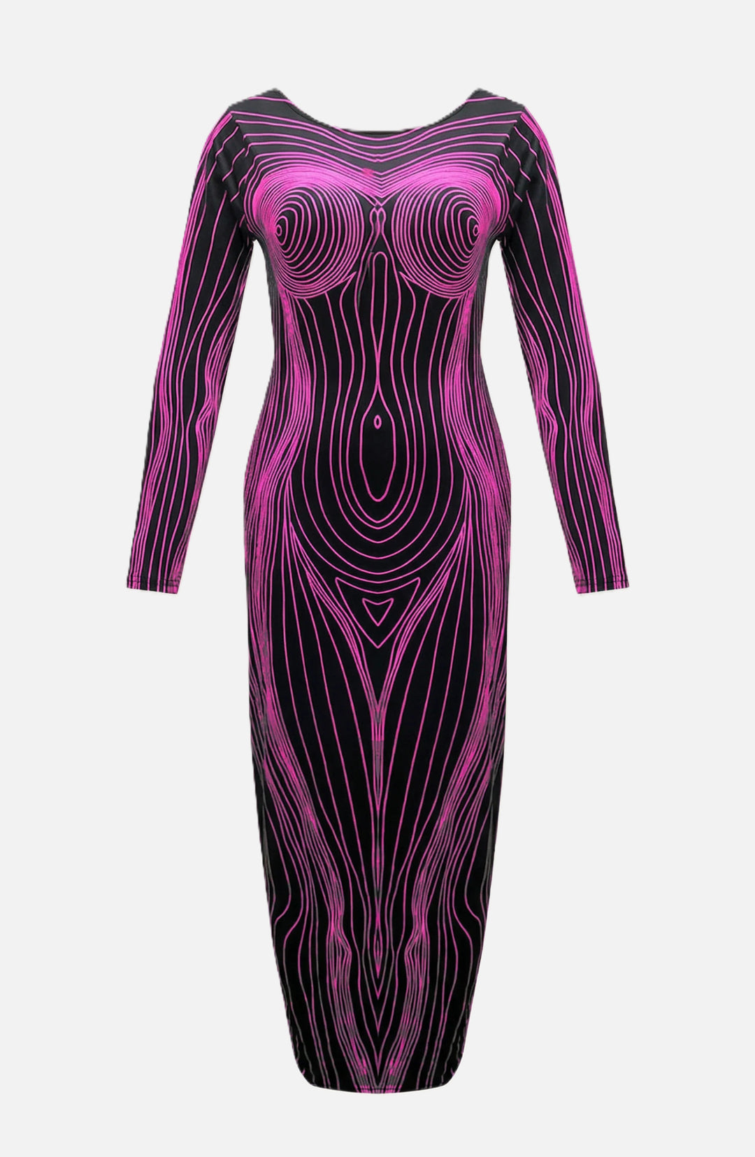 Womens Bodycon Evening Dress with Optical Illusion Long Sleeve Maxi