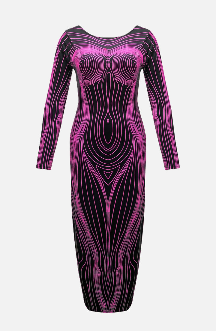 Womens Bodycon Evening Dress with Optical Illusion Long Sleeve Maxi
