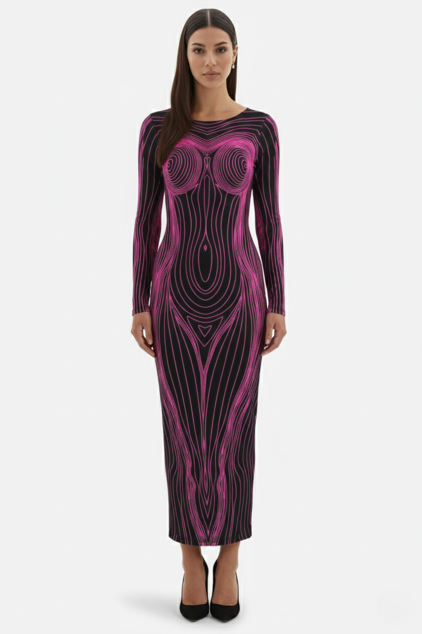 Womens Bodycon Evening Dress with Optical Illusion Long Sleeve Maxi