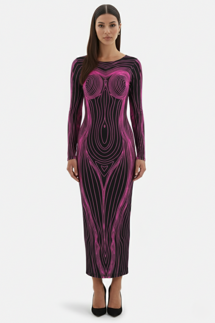 Womens Bodycon Evening Dress with Optical Illusion Long Sleeve Maxi